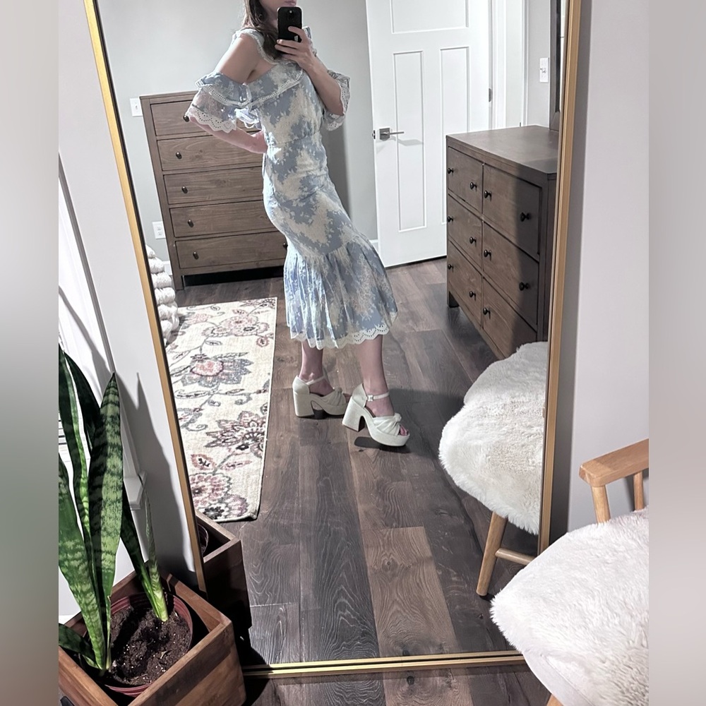 Marissa Webb Kendra Floral Blue White Eyelet Lace Trim Ruffled Midi Dress